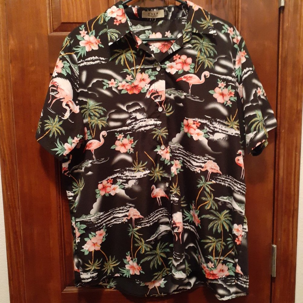 SSLR Black Coral Men's Flamingo Palm Tree Hawaiian Short Sleeve Shirt - Size 2XL